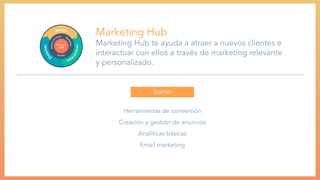 Marketing Hub
Marketing Hub te ayuda a atraer a nuevos clientes e
interactuar con ellos a través de marketing relevante
y personalizado.
Starter
Herramientas de conversión
Creación y gestión de anuncios
Analíticas básicas
Email marketing
 