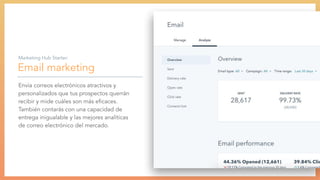 Email marketing
Envía correos electrónicos atractivos y
personalizados que tus prospectos querrán
recibir y mide cuáles son más eﬁcaces.
También contarás con una capacidad de
entrega inigualable y las mejores analíticas
de correo electrónico del mercado.
Marketing Hub Starter:
 