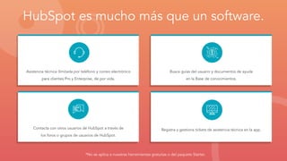 HubSpot es mucho más que un software.
Asistencia técnica ilimitada por teléfono y correo electrónico
para clientes Pro y Enterprise, de por vida.
Contacta con otros usuarios de HubSpot a través de
los foros o grupos de usuarios de HubSpot.
Busca guías del usuario y documentos de ayuda
en la Base de conocimientos.
Registra y gestiona tickets de asistencia técnica en la app.
*No se aplica a nuestras herramientas gratuitas o del paquete Starter.
 