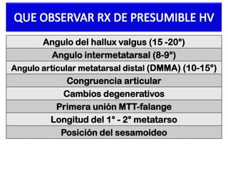 Angulo del hallux valgus (15 -20°)
Angulo intermetatarsal (8-9°)
Angulo articular metatarsal distal (DMMA) (10-15°)
Congruencia articular
Cambios degenerativos
Primera unión MTT-falange
Longitud del 1° - 2° metatarso
Posición del sesamoideo

 