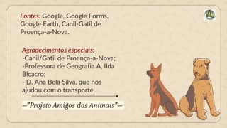 —”Projeto Amigos dos Animais”—
Fontes: Google, Google Forms,
Google Earth, Canil-Gatil de
Proença-a-Nova.
Agradecimentos especiais:
-Canil/Gatil de Proença-a-Nova;
-Professora de Geografia A, Ilda
Bicacro;
- D. Ana Bela Silva, que nos
ajudou com o transporte.
 