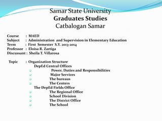 Samar State University
Graduates Studies
Catbalogan Samar
Course : MAED
Subject : Administration and Supervision in Elementary Education
Term : First Semester S.Y. 2013-2014
Professor : Eloisa R. Zartiga
Discussant : Sheila T. Villarosa
Topic : Organization Structure
DepEd Central Offices
 Power, Duties and Responsibilities
 Major Services
 The bureaus
 The Centers
The DepEd Fields Office
 The Regional Office
 School Division
 The District Office
 The School
 