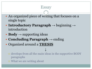 Essay
 An organized piece of writing that focuses on a
single topic
 Introductory Paragraph → beginning →
introduction
 Body → supporting ideas
 Concluding Paragraph → ending
 Organized around a THESIS
↓
 develops from all the main ideas in the supportive BODY
paragraphs
 What we are writing about
 