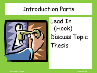Coleman’s Classroom www.clmn.net
Introduction Parts
Lead In
(Hook)
Discuss Topic
Thesis
 