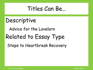 Coleman’s Classroom www.clmn.net
What about the TITLE???
Titles SHOULD BE...
Relevant Interesting
Short Catchy
Titles SHOULD NOT BE...
Complete Sentence
Underlined
 