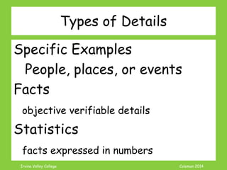 Coleman’s Classroom www.clmn.net
Types of Details
Anecdotes
True Stories
Quotations
someone’s exact words
 