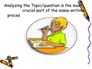 Analyzing the Topic/question is the most
crucial part of the essay writing
process
 