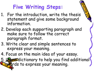 Five Writing Steps:
1. For the introduction, write the thesis
statement and give some background
information.
2. Develop each supporting paragraph and
make sure to follow the correct
paragraph format.
3. Write clear and simple sentences to
express your meaning.
4. Focus on the main idea of your essay.
5. Use a dictionary to help you find additional
words to express your meaning.
 