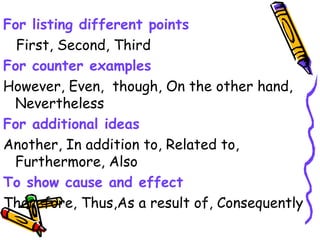 For listing different points
First, Second, Third
For counter examples
However, Even, though, On the other hand,
Nevertheless
For additional ideas
Another, In addition to, Related to,
Furthermore, Also
To show cause and effect
Therefore, Thus,As a result of, Consequently
 