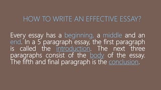 HOW TO WRITE AN EFFECTIVE ESSAY?
Every essay has a beginning, a middle and an
end. In a 5 paragraph essay, the first paragraph
is called the introduction. The next three
paragraphs consist of the body of the essay.
The fifth and final paragraph is the conclusion.
 