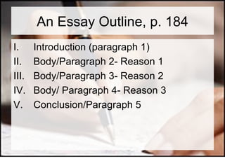 An Essay Outline, p. 184 Introduction (paragraph 1) Body/Paragraph 2- Reason 1 Body/Paragraph 3- Reason 2 Body/ Paragraph 4- Reason 3 Conclusion/Paragraph 5 