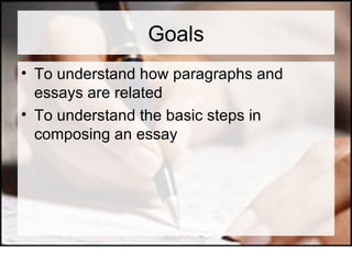 Goals To understand how paragraphs and essays are related To understand the basic steps in composing an essay 