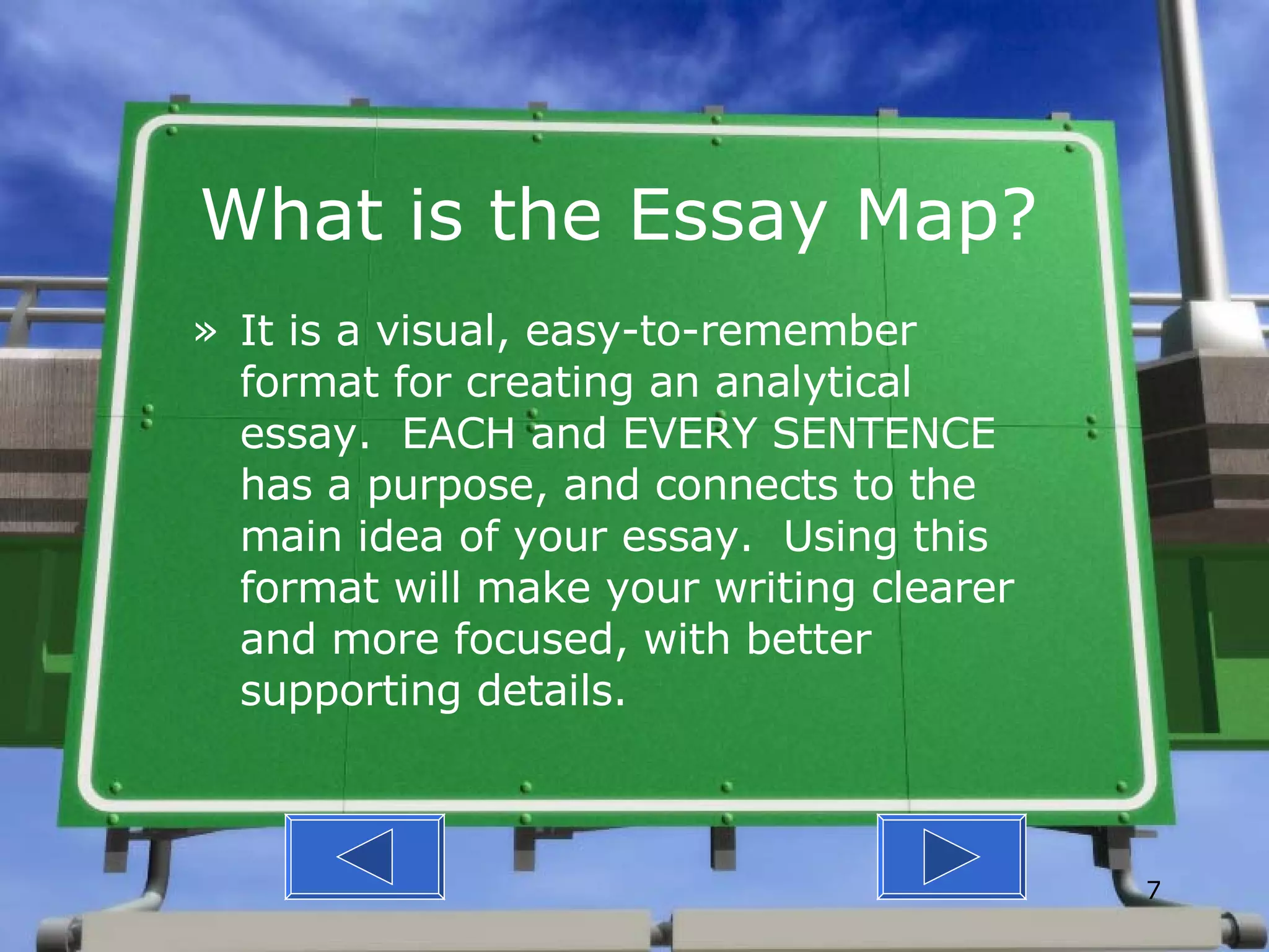 What is the Essay Map? It is a visual, easy-to-remember format for creating an analytical essay.  EACH and EVERY SENTENCE has a purpose, and connects to the main idea of your essay.  Using this format will make your writing clearer and more focused, with better supporting details. 