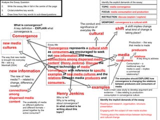Essay title ‘ Convergence   represents a   cultural shift  as  consumers  are encouraged to seek out  new information  and make  connections among dispersed media content’  ( Henry Jenkins ).  Discuss  the current technology of  media  convergence  with reference to  specific examples  of  new media cultures  and the  relations  between media  producers  and  consumers . Analyse the Essay Question Write the essay title in full in the centre of the page Circle/underline key words Draw lines from key words to sub-ideas/questions Identify the explicit demands of the essay: TOPIC:  media   convergence FOCUS:  media consumption and production INSTRUCTION:  discuss (explain / explore) Identify the implicit demands of the essay Reading and research, organisation, structure, presentation Engaging with the subject of new media studies Thinking about the relationships between technology and cultural change Convergence  A shift implies change what kind of change is taking place? cultural shift  The conduct and significance of everyday life What is convergence? A key definition –  EXPLAIN  what convergence is consumers  Consumption – a traditional way that media is used – implies a commercial relationship? new information  The new of ‘new media’? – related to change, difference, novelty? connections among dispersed media content The availability of media on different platforms and different formats – joined together by the active consumer? Henry Jenkins Who is he? Why is he writing about convergence? In what context is he writing about this topic? media examples  build a main case study to develop argument and evidence -  1 idea relating to production-consumption in convergence culture new media cultures  producers   Production – the way that media is made relations   A key thing to address The examples should EXPLORE how convergence is changing the relations between producers and consumers of media The way that new media is brought into everyday life – see e.g. Marshall (2004) VIEWPOINT:  convergence is a cultural shift 