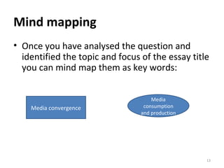 Mind mapping Once you have analysed the question and identified the topic and focus of the essay title you can mind map them as key words: Media consumption and production Media convergence 
