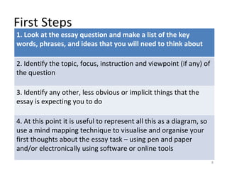 First Steps 1. Look at the essay question and make a list of the key words, phrases, and ideas that you will need to think about 2. Identify the topic, focus, instruction and viewpoint (if any) of the question 3. Identify any other, less obvious or implicit things that the essay is expecting you to do 4. At this point it is useful to represent all this as a diagram, so use a mind mapping technique to visualise and organise your first thoughts about the essay task – using pen and paper and/or electronically using software or online tools 