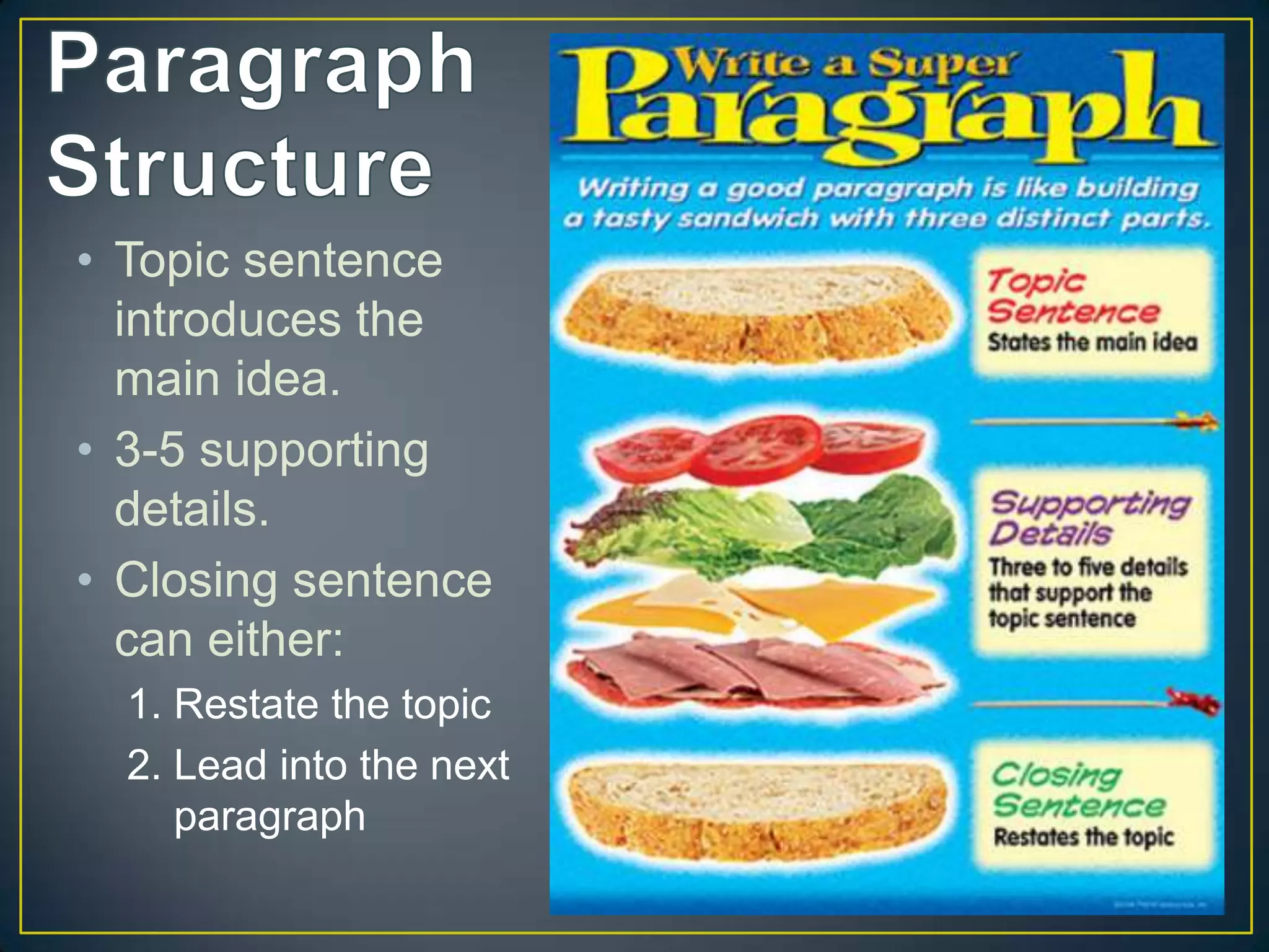 • Topic sentence
  introduces the
  main idea.
• 3-5 supporting
  details.
• Closing sentence
  can either:
  1. Restate the topic
  2. Lead into the next
     paragraph
 