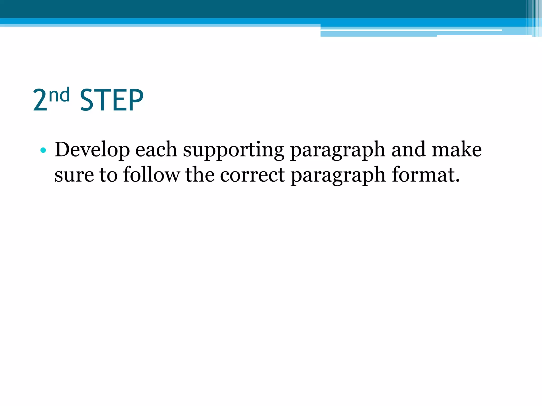 2nd STEPDevelop each supporting paragraph and make sure to follow the correct paragraph format.