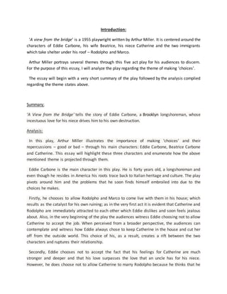 Critical analysis of 'A view from the bridge' by Arthur Miller. PDF
