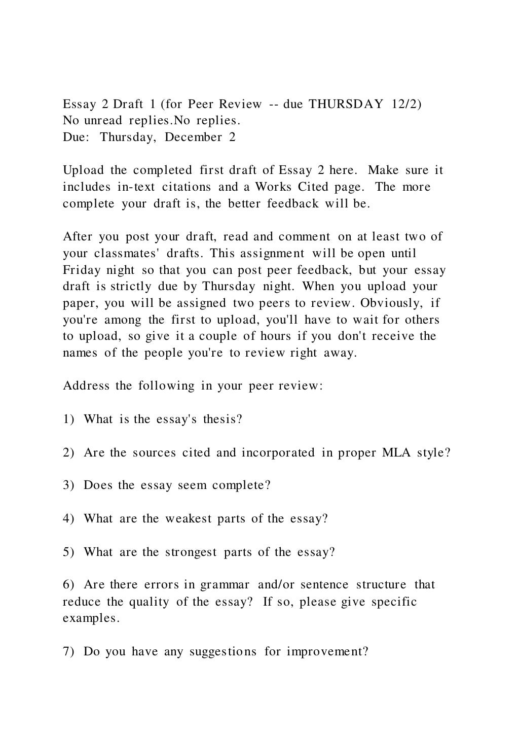 Essay 2 Draft 1 (for Peer Review -- due THURSDAY 122)No unread | PDF