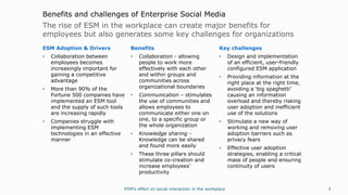 3
Benefits
• Collaboration - allowing
people to work more
effectively with each other
and within groups and
communities across
organizational boundaries
• Communication – stimulates
the use of communities and
allows employees to
communicate either one on
one, to a specific group or
the whole organization
• Knowledge sharing -
Knowledge can be shared
and found more easily
• These three pillars should
stimulate co-creation and
increase employees’
productivity
ESM Adoption & Drivers
• Collaboration between
employees becomes
increasingly important for
gaining a competitive
advantage
• More than 90% of the
Fortune 500 companies have
implemented an ESM tool
and the supply of such tools
are increasing rapidly
• Companies struggle with
implementing ESM
technologies in an effective
manner
Key challenges
• Design and implementation
of an efficient, user-friendly
configured ESM application
• Providing information at the
right place at the right time,
avoiding a ‘big spaghetti’
causing an information
overload and thereby risking
user adoption and inefficient
use of the solutions
• Stimulate a new way of
working and removing user
adoption barriers such as
privacy fears
• Effective user adoption
strategies, enabling a critical
mass of people and ensuring
continuity of users
The rise of ESM in the workplace can create major benefits for
employees but also generates some key challenges for organizations
Benefits and challenges of Enterprise Social Media
ESM’s effect on social interaction in the workplace
 