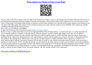 Essay about Case Study on Coke versus Pepsi
The case study "Cola Wars Continue: Coke and Pepsi in the Twenty
–First Century" focuses on describing Coke and Pepsi within the CSD industry by
providing detailed statements about the companies' accounts and strategies to increase their market share. Furthermore, the case also focuses on the
Coke vs. Pepsi goods which target similar groups of costumers, and how these companies have had and still have great reputation and continue to take
risks due to their high capital. This analysis of the Cola Wars Continue case study will focus mainly on the profitability of the industry by carefully
considering and analyzing the below questions:
Why is the soft drink industry so profitable?
Compare the economics of the concentrate business to the...show more content...
Barriers to entry is another factor that accounts for the high profitability of the soft drink industry. As stated in the case, it is nearly impossible for
new concentrate producers or bottlers to enter the industry. The new producers would not require high capital to enter (low cost of capital to
produce concentrate), however the entry would be impossible due to patents and the presence of Coke and Pepsi which have nearly century old
established names. Meanwhile entering bottling is very capital intensive, and the existing bottlers have exclusive territories in which they distribute
their products. Provided the above stated facts it is clear that the soft drink industry is a highly profitable industry. Moreover, in Exhibit 5 it is
easily observed that in 2000 the Concentrate Producers (CP) earned 35% profit on sales whereas the bottlers earned 9% profit, which account for a
total positive industry profit of 14%. The data listed in the case shows how the soft drink industry in itself is very profitable, however the profitability
of the concentrate producers is much higher that that of the bottlers, even though these two businesses should be inseparably linked. Exhibit 5 clearly
reflects the profitability of concentrate producers vs. bottlers; even though the dollars per case profit is much higher for the bottlers, the ultimate
profit as a percent of sales is higher for the concentrate producers. The cost of goods sold for a CP is equivalent
Get more content on HelpWriting.net
 