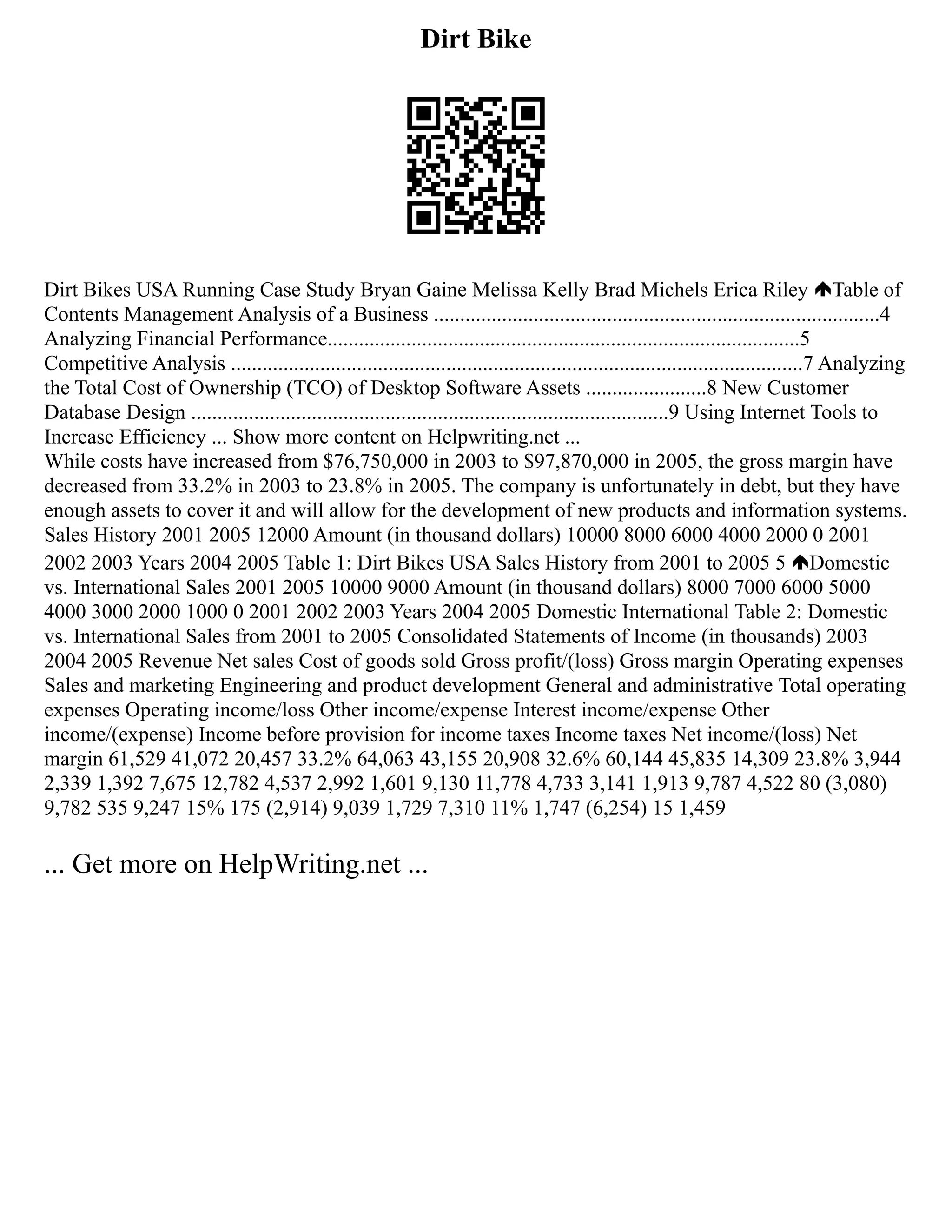 Dirt Bike
Dirt Bikes USA Running Case Study Bryan Gaine Melissa Kelly Brad Michels Erica Riley Table of
Contents Management Analysis of a Business .....................................................................................4
Analyzing Financial Performance..........................................................................................5
Competitive Analysis .............................................................................................................7 Analyzing
the Total Cost of Ownership (TCO) of Desktop Software Assets .......................8 New Customer
Database Design ...........................................................................................9 Using Internet Tools to
Increase Efficiency ... Show more content on Helpwriting.net ...
While costs have increased from $76,750,000 in 2003 to $97,870,000 in 2005, the gross margin have
decreased from 33.2% in 2003 to 23.8% in 2005. The company is unfortunately in debt, but they have
enough assets to cover it and will allow for the development of new products and information systems.
Sales History 2001 2005 12000 Amount (in thousand dollars) 10000 8000 6000 4000 2000 0 2001
2002 2003 Years 2004 2005 Table 1: Dirt Bikes USA Sales History from 2001 to 2005 5 Domestic
vs. International Sales 2001 2005 10000 9000 Amount (in thousand dollars) 8000 7000 6000 5000
4000 3000 2000 1000 0 2001 2002 2003 Years 2004 2005 Domestic International Table 2: Domestic
vs. International Sales from 2001 to 2005 Consolidated Statements of Income (in thousands) 2003
2004 2005 Revenue Net sales Cost of goods sold Gross profit/(loss) Gross margin Operating expenses
Sales and marketing Engineering and product development General and administrative Total operating
expenses Operating income/loss Other income/expense Interest income/expense Other
income/(expense) Income before provision for income taxes Income taxes Net income/(loss) Net
margin 61,529 41,072 20,457 33.2% 64,063 43,155 20,908 32.6% 60,144 45,835 14,309 23.8% 3,944
2,339 1,392 7,675 12,782 4,537 2,992 1,601 9,130 11,778 4,733 3,141 1,913 9,787 4,522 80 (3,080)
9,782 535 9,247 15% 175 (2,914) 9,039 1,729 7,310 11% 1,747 (6,254) 15 1,459
... Get more on HelpWriting.net ...
 