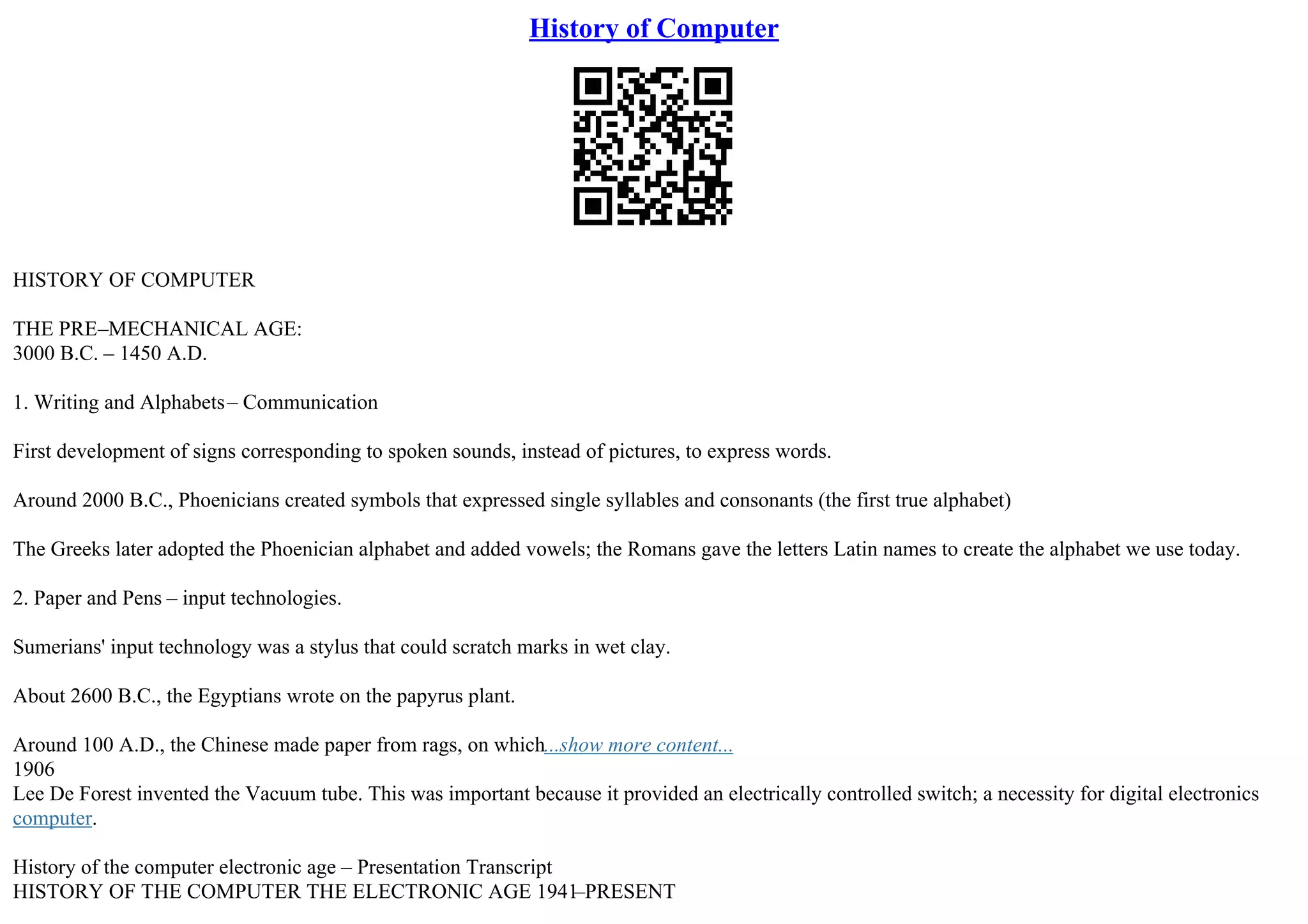 Early Computer Text Essay About History Of The Computer | PDF