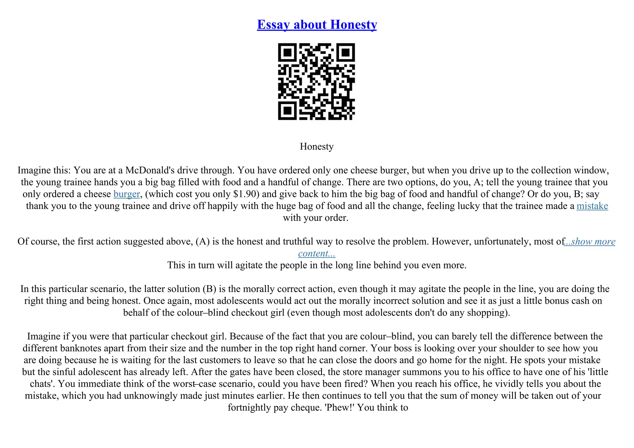 Essay About Honesty | PDF