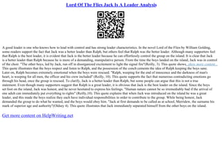 Lord Of The Flies Jack Merridew Character Analysis