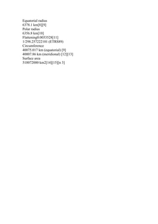 Equatorial radius
6378.1 km[8][9]
Polar radius
6356.8 km[10]
Flattening0.0033528[11]
1/298.257222101 (ETRS89)
Circumference
40075.017 km (equatorial) [9]
40007.86 km (meridional) [12][13]
Surface area
510072000 km2[14][15][n 3]
 