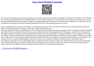 Essay About Whaling In Australia
In this essay I will introduce the histories of whaling, how Australia involved in this problem and whether it's beneficial for Australia or not. Whaling is
the act of hunting whales for their meat, blubber and bones. The Australian whaling act was put into effect in the 18th century and the globalwhaling
first appeared in 1600 around other countries. Whales are brutally hunted in pain. The process of killing whales would take 10–35 minutes to die once
it's harpooned. During the time, whales are hanged upside down by its tail. The hunting processes are so cruel.
Early in Australia's history, whales were hunted by using harpoons from boats. They were driven behind the boats towards the whaling stations on
shore. In 1820 whaling and the exporting ... Show more content on Helpwriting.net ...
When the commercial whaling was prohibited in 1986, Australia has formed a major anti–whaling campaign, which is well known as the sea shepherd.
Sea shepherd's job was going out to the sea and use action to defend the whales from getting hunted by the Japanese. Australia's anti–whaling action
tells people around the world of the serious situation about whaling. Our action leads people to start paying attention to the consequences of not stop
the whaling. In 2010 Australia has been initiated legal action to proceeding against the Japanese, intention to end the scientific whaling in the southern
ocean. Global citizen is involved in the global community and follow the laws of protecting our environment and also taking care of the whales as it's
a big part of our eco–system. Reliable global citizens don't want to see the extinction of whales. The whole world is respecting the rules of
anti–hunting (except japan. Norway and Iceland) and so it's important to follow the rules. In May 2010, Australia activates a case at the international
court of justice oppose Japan's 'scientific' whaling. In 2012 sea shepherds has to expedite a battle to the Antarctic Ocean with the illegal killing of
whales. This time sea shepherd has saved more than 932 whales and it one of the most succeed defensive
... Get more on HelpWriting.net ...
 