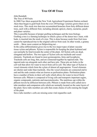 Tree Of 40 Trees
John Ramdath
The Tree of 40 Fruits
In 2008 Van Aken acquired the New York Agricultural Experiment Station orchard.
Aken then began to graft buds from the over 250 heritage varieties grown there on to
stock trees. This stock tree then tree accumulated branches from forty different donor
trees, each with a different fruit, including almond, apricot, cherry, nectarine, peach
and plum varieties.
This is possible because of proper grafting techniques and the trees biology.
Grafting a tree is a farming technique in which a piece of the donor tree s stem, with
buds, is inserted into the stock of a tree. This is done because seeds from fruit trees
cannot be reproduced true to the original cultivar from seed. In other words, a granny
smith ... Show more content on Helpwriting.net ...
In the callus differentiation gives rise to the two major types of plant vascular
tissue xylem and phloem. Xylem is responsible for keeping the plant hydrated and
can normally be fond towards the center of the plant. All Xylem cells are dead,
elongated and hollow. The two types of Xylem cells are tracheids and vessel
elements. Tracheids are found in most gymnosperms, ferns and lycophytes.
Tracheids cells are long, thin, and are connected together by tapered ends. The
tapered ends run alongside each other and have pits. These pits are holes in the
cell wall that allow for water to travel from cell to cell. The other type of Xylem is
vessel elements which form the xylem of almost all angiosperms. Vessel elements
are shorter and wider than tracheids. Also the vessel elements are connected end to
end and the ends contain what are known as perforation plates. Perforation plates
have a number of holes in their cell walls which allows for water to travel freely
between cells. Phloem is composed of living cells and transports important sugars,
organic compounds, nutrients and macromolecules. The nutritious sap within the
phloem travels by diffusion between cells. Phloem is made from cells called sieve
tube members and companion cells which are normally located on the outer layers of
the plant. Sieve tube members are cells that create chains of cells running the length
of the plant.
Sieve tube member s cells are missing some vital organelles such
 