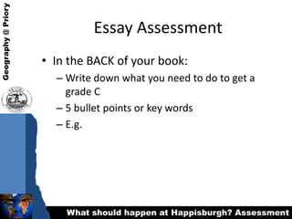 Essay Assessment In the BACK of your book: Write down what you need to do to get a grade C 5 bullet points or key words E.g. 