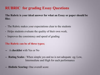 RUBRIC for grading Essay Questions
The Rubric is your ideal answer for what an Essay or paper should be
like;
- The Rubric makes your expectations clear to the students
- Helps students evaluate the quality of their own work.
- Improves the consistency and speed of grading
The Rubric can be of three types;
-- A checklist with Yes or No
-- Rating Scales : When simple yes and no is not adequate eg; Low,
Intermediate and High for each performance
-- Holistic Scoring: One overall score
 