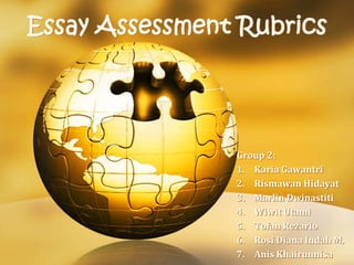 Essay Assessment Rubrics
Group 2:
1. Karia Gawantri
2. Rismawan Hidayat
3. Marlin Dwinastiti
4. Wiwit Utami
5. Tofan Rezario
6. Rosi Diana Indah M.
7. Anis Khairunnisa
 