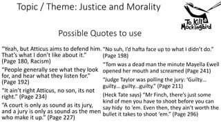 Possible Quotes to use
“Yeah, but Atticus aims to defend him.
That’s what I don’t like about it.”
(Page 180, Racism)
“People generally see what they look
for, and hear what they listen for.”
(Page 192)
“It ain’t right Atticus, no son, its not
right.” (Page 234)
“A court is only as sound as its jury,
and a jury is only as sound as the men
who make it up.” (Page 227)
“No suh, I’d hafta face up to what I didn’t do.”
(Page 198)
“Tom was a dead man the minute Mayella Ewell
opened her mouth and screamed (Page 241)
“Judge Taylor was polling the jury: ‘Guilty…
guilty… guilty…guilty.” (Page 211)
(Heck Tate says) “Mr Finch, there’s just some
kind of men you have to shoot before you can
say hidy to ‘em. Even then, they ain’t worth the
bullet it takes to shoot ‘em.” (Page 296)
Topic / Theme: Justice and Morality
 