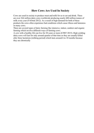 How Cows Are Used In Society
Cows are used in society to produce meat and milk for us to eat and drink. There
are over 264 million dairy cows worldwide producing nearly 600 million tonnes of
milk every year (FAOstat 2012). As a result of high demand for both of these
products the cows often experience bad conditions which cause illness and lameness
in many cows.
There are several types of dairy farming like intensive, indoor, outdoor and organic
farming which involve different ways of farming cows.
A cow with a healthy life can live for 20 years or more (CIWF 2015). High yielding
dairy cows will last for only around quarter of that time as they are usually killed
after three lactations (milking period) which lasts around 6 to 10 months because
they are chronically
 