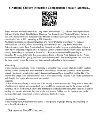 5 National Culture Dimension Comparation Between America...
Based on Geert Hofstede book titled Long term Orientation (LTO) Cultures and Organizations:
Software for the Mind, Third Edition, There are five dimensions of National Culture. Before, it
was just a four dimensions but research by Michael Bond and colleagues among students in 23
countries led him in 1991 to adding a fifth dimension.
And the five dimensions of national culture are: Power Distance, Uncertainty Avoidance,
Individualism vs Collectivism, Masculinity vs Feminimity, and Long TermOrientation.
Before i go to explain those 5 natioal culture dimensions and to help me explain about it, i put a
chart below about the comparison of 5 National Culture Dimension between two most powerfull
country in two largest continent in the world, ... Show more content on Helpwriting.net ...
Japan has 46 score, it shows In this case, Japan is totaly reflecting Asia, because most of Asian
love to set them self in a group, and have some harmony on it. And also Japanese also known as
the most country when the employees has a very deep loyality to their company.
Masculinity
In my opinion, Masculinity versus femininity is about the value system refers to genders s role in
society.If some country has a low number of masculinuty, means that country s values systems
refers to feminimity which is the society is caring others and have a good life quality. But if the
country has a high score of masculinity, that is mean the country s society is driven by competition
and thought that be the winner means succsessfull.
Example:
US has 62 for masculinity, it means that US s society is much to masculin. They want to have a lot
of achievement as their succes standard, they would love to compete and be the winner instead.
Japan has 95 for their score, it shows that Japanese is an absolute masculin, their succsess is define
by they become the winner or they can be the best in their field or not. So Japanese can easily
motivated through competition to show which one the best of them.
Uncertainty Avoidance
In my brief opinion, Uncertainty avoidance is how people or groups dealing and preparing for
unpredictable situation in
... Get more on HelpWriting.net ...
 