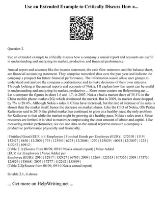 Use an Extended Example to Critically Discuss How a...
Question 2.
Use an extended example to critically discuss how a company s annual report and accounts are useful
in understanding and analyzing its market, productive and financial performance.
Annual report and accounts like the income statement, the cash flow statement and the balance sheet,
are financial accounting statement. They comprise numerical data over the past year and indicate the
company s prospect for future financial performance. The information would allow user groups to
understand and analyse the company s performance and to make decisions of their own interests.
Through looking at the annual reports and accounts of Nokia, I ll explain how the report can be useful
in understanding and analyzing its market, productive ... Show more content on Helpwriting.net ...
Let s compare the figures in chart 1.6 and 1.7; in 2007, Nokia s had a market share of 35.1% in the
China mobile phone market (2G) which dominated the market. But in 2009, its market share dropped
by 7% to 28.4%. Although Nokia s sales in China have increased, but the rate of increase of its sales is
slower than the market itself, hence the decrease on market shares. Like the CEO of Nokia, Olli Pekka
Kallasvuo said in 2010, the global market has continued to grow at a healthy pace; the only problem
for Kallasvuo is that while the market might be growing at a healthy pace, Nokia s sales aren t. Since
resources are limited, it is vital to maximize output using the least amount of labour and capital. Like
measuring market performance, we can use data on the annual report to measure a company s
productive performance physically and financially.
| Finished Good (EUR m) | Employees | Finished Goods per Employee (EUR) | 12/2010 | 1119 |
132427 | 8450 | 12/2009 | 775 | 123553 | 6273 | 12/2008 | 1270 | 125829 | 10093 | 12/2007 | 1225 |
112262 | 10912 |
(Table 2.1) (Source from 08/09, 09/10 Nokia annual report) | Value Added
(EUR m) | Employees | Value Added per
Employee (EUR) | 2010 | 12817 | 132427 | 96785 | 2009 | 13264 | 123553 | 107355 | 2008 | 17373 |
125829 | 138068 | 2007 | 17277 | 112262 | 153899 |
(Table 2.2)(Source from 08/09, 09/10 Nokia annual report)
In table 2.1, it shows
... Get more on HelpWriting.net ...
 
