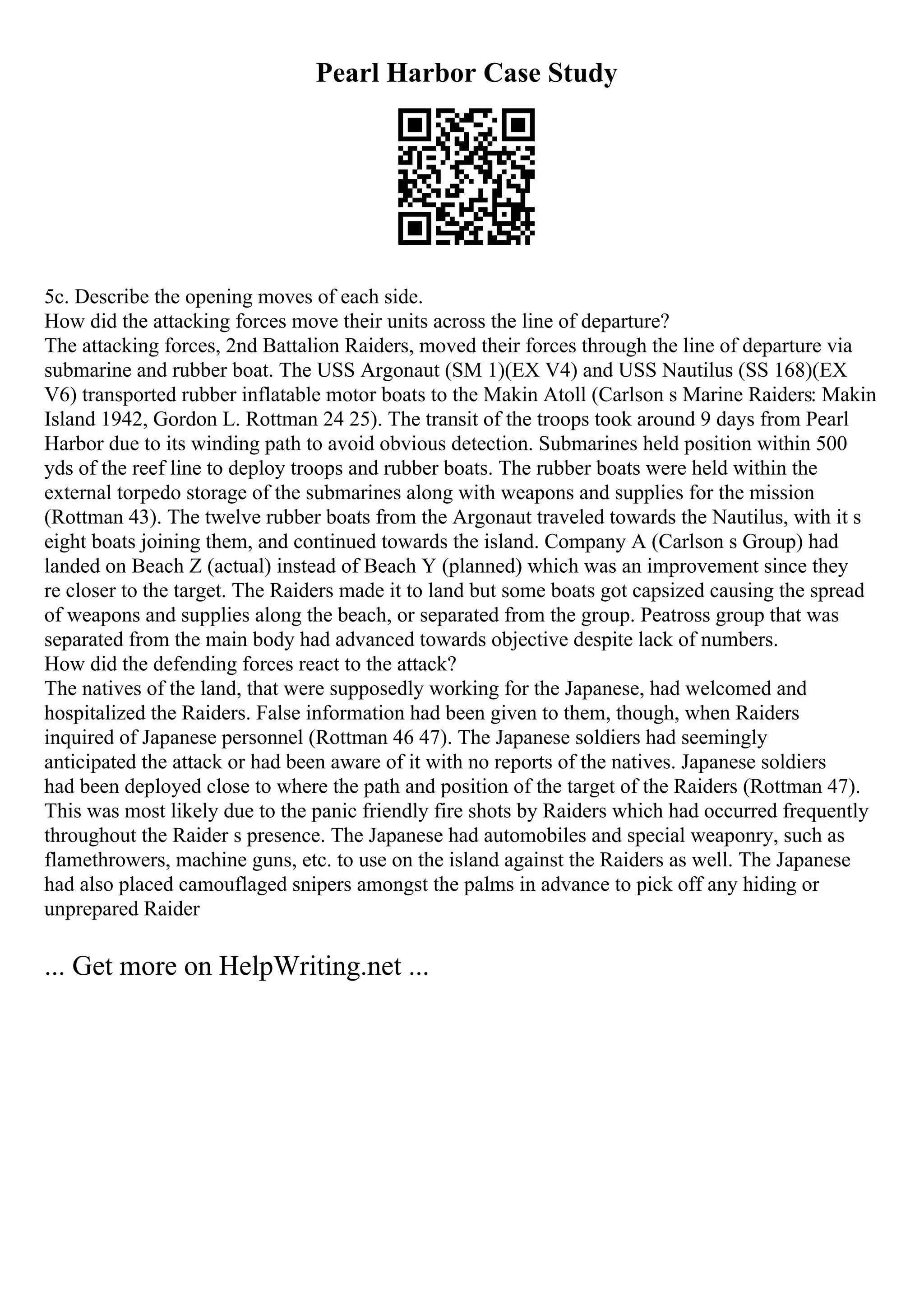 Pearl Harbor Case Study
5c. Describe the opening moves of each side.
How did the attacking forces move their units across the line of departure?
The attacking forces, 2nd Battalion Raiders, moved their forces through the line of departure via
submarine and rubber boat. The USS Argonaut (SM 1)(EX V4) and USS Nautilus (SS 168)(EX
V6) transported rubber inflatable motor boats to the Makin Atoll (Carlson s Marine Raiders: Makin
Island 1942, Gordon L. Rottman 24 25). The transit of the troops took around 9 days from Pearl
Harbor due to its winding path to avoid obvious detection. Submarines held position within 500
yds of the reef line to deploy troops and rubber boats. The rubber boats were held within the
external torpedo storage of the submarines along with weapons and supplies for the mission
(Rottman 43). The twelve rubber boats from the Argonaut traveled towards the Nautilus, with it s
eight boats joining them, and continued towards the island. Company A (Carlson s Group) had
landed on Beach Z (actual) instead of Beach Y (planned) which was an improvement since they
re closer to the target. The Raiders made it to land but some boats got capsized causing the spread
of weapons and supplies along the beach, or separated from the group. Peatross group that was
separated from the main body had advanced towards objective despite lack of numbers.
How did the defending forces react to the attack?
The natives of the land, that were supposedly working for the Japanese, had welcomed and
hospitalized the Raiders. False information had been given to them, though, when Raiders
inquired of Japanese personnel (Rottman 46 47). The Japanese soldiers had seemingly
anticipated the attack or had been aware of it with no reports of the natives. Japanese soldiers
had been deployed close to where the path and position of the target of the Raiders (Rottman 47).
This was most likely due to the panic friendly fire shots by Raiders which had occurred frequently
throughout the Raider s presence. The Japanese had automobiles and special weaponry, such as
flamethrowers, machine guns, etc. to use on the island against the Raiders as well. The Japanese
had also placed camouflaged snipers amongst the palms in advance to pick off any hiding or
unprepared Raider
... Get more on HelpWriting.net ...
 