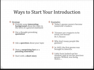 Ways to Start Your Introduction
0 Strategy
0 Provide some interesting
background about the topic in
the form of a general statement
0 Use a thought-provoking
quotation
0 Ask a question about your topic
0 State a surprising fact or a
puzzling statement
0 Start with a short story
0 Examples
0 Today’s gnome owners become
tomorrow’s leaders.
0 “Gnomes are creatures to be
loved, not feared!”
Dr. S. Rosner
0 Why don’t many people like
gnomes?
0 In 1693, the first gnome was
brought to America.
0 Little Susie looked out her
window, only to see her precious
gnome, Willard, was being
stolen….
 