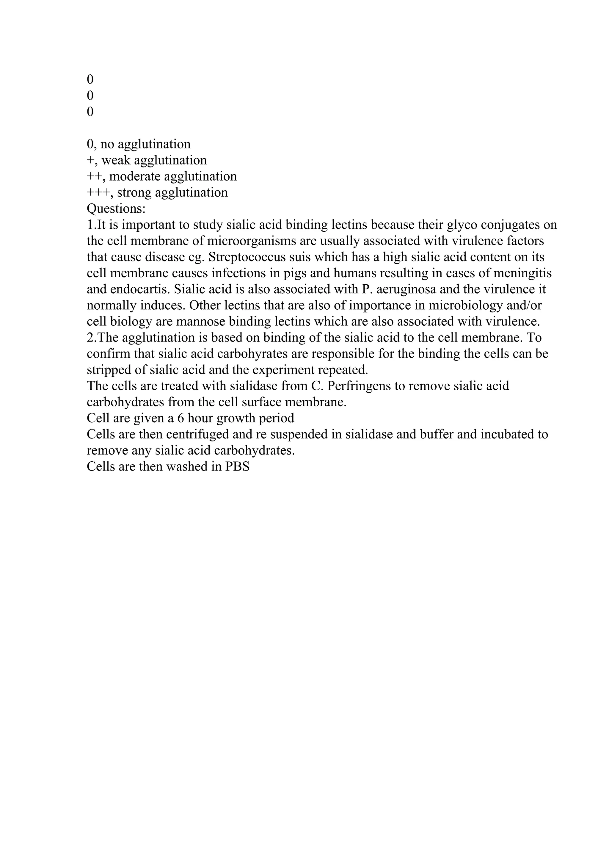 0
0
0
0, no agglutination
+, weak agglutination
++, moderate agglutination
+++, strong agglutination
Questions:
1.It is important to study sialic acid binding lectins because their glyco conjugates on
the cell membrane of microorganisms are usually associated with virulence factors
that cause disease eg. Streptococcus suis which has a high sialic acid content on its
cell membrane causes infections in pigs and humans resulting in cases of meningitis
and endocartis. Sialic acid is also associated with P. aeruginosa and the virulence it
normally induces. Other lectins that are also of importance in microbiology and/or
cell biology are mannose binding lectins which are also associated with virulence.
2.The agglutination is based on binding of the sialic acid to the cell membrane. To
confirm that sialic acid carbohyrates are responsible for the binding the cells can be
stripped of sialic acid and the experiment repeated.
The cells are treated with sialidase from C. Perfringens to remove sialic acid
carbohydrates from the cell surface membrane.
Cell are given a 6 hour growth period
Cells are then centrifuged and re suspended in sialidase and buffer and incubated to
remove any sialic acid carbohydrates.
Cells are then washed in PBS
 