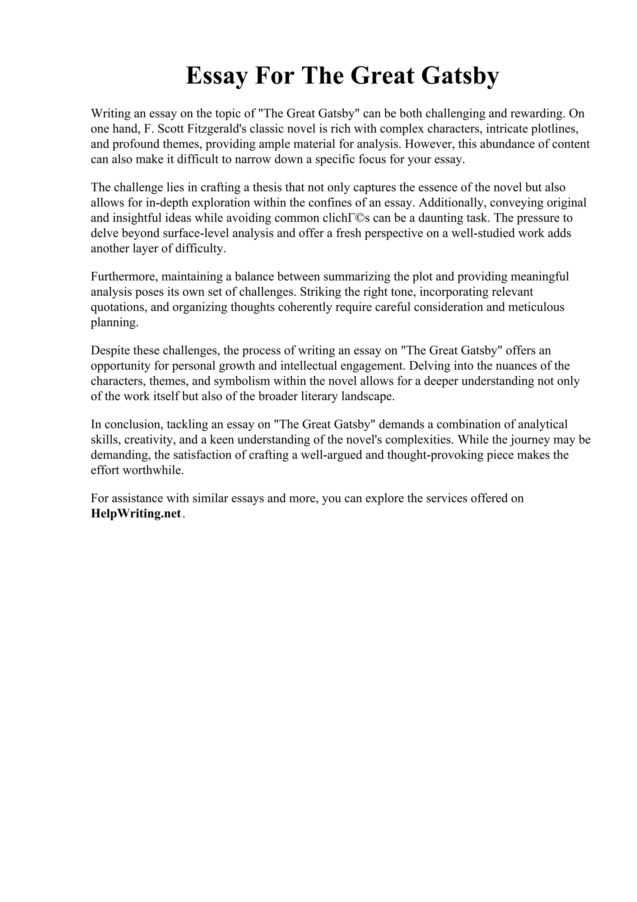 Essay For The Great Gatsby | PDF