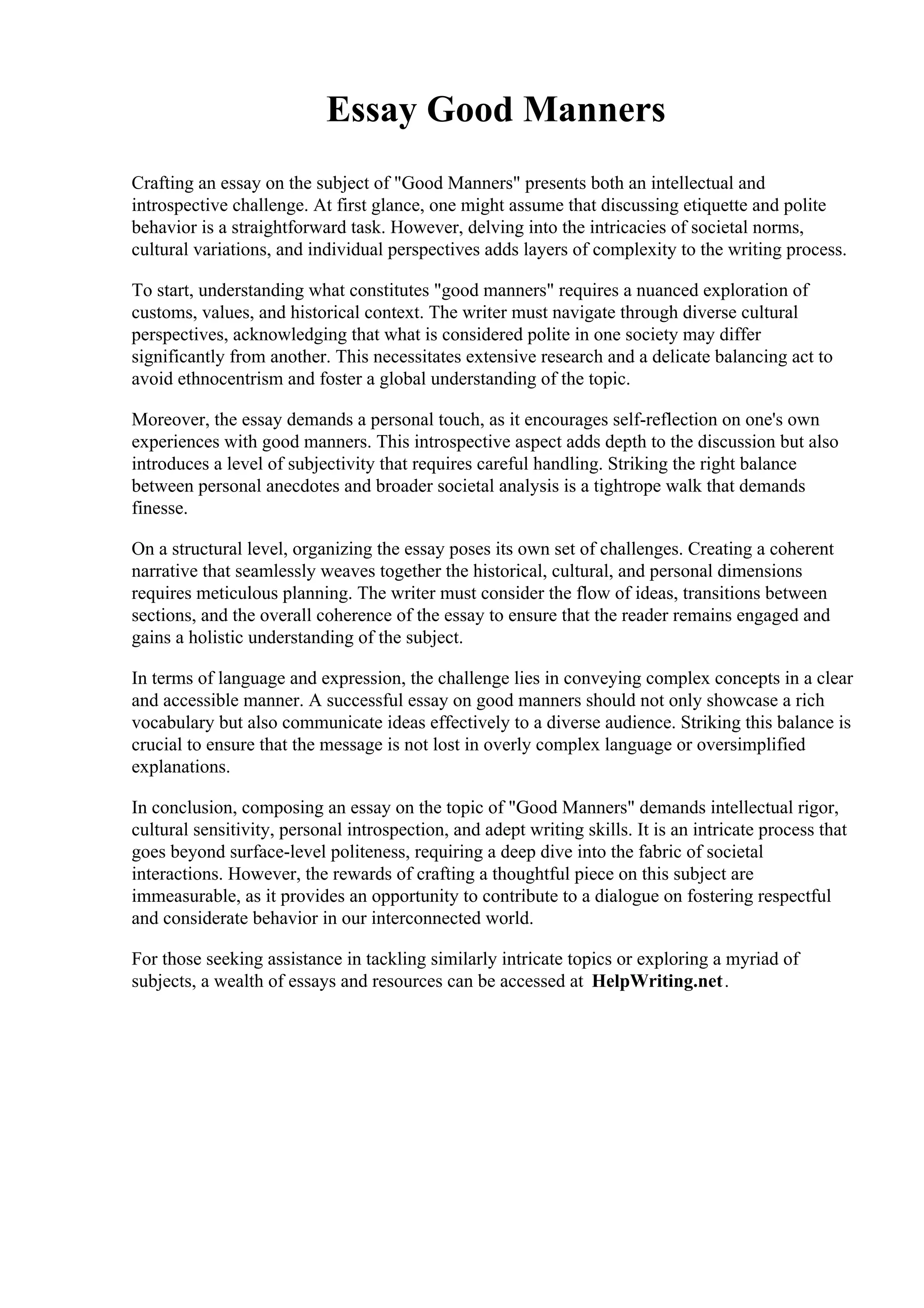 Essay Good Manners. University of Saint Mary PDF