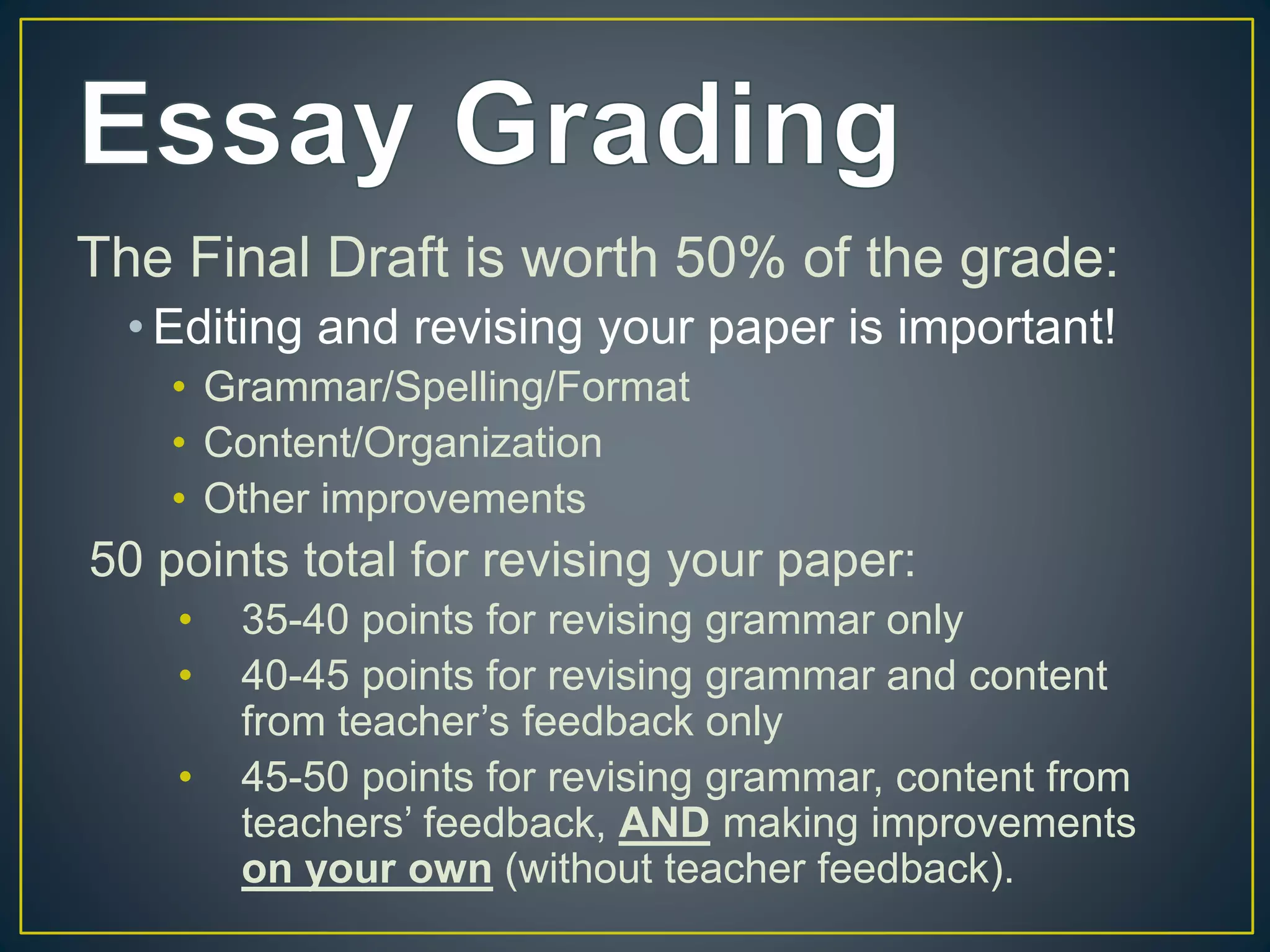 The Final Draft is worth 50% of the grade:
• Editing and revising your paper is important!
• Grammar/Spelling/Format
• Content/Organization
• Other improvements
50 points total for revising your paper:
• 35-40 points for revising grammar only
• 40-45 points for revising grammar and content
from teacher’s feedback only
• 45-50 points for revising grammar, content from
teachers’ feedback, AND making improvements
on your own (without teacher feedback).