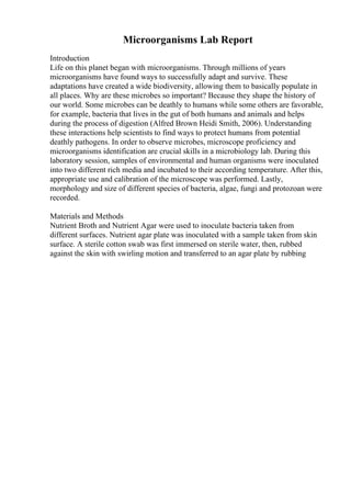Microorganisms Lab Report
Introduction
Life on this planet began with microorganisms. Through millions of years
microorganisms have found ways to successfully adapt and survive. These
adaptations have created a wide biodiversity, allowing them to basically populate in
all places. Why are these microbes so important? Because they shape the history of
our world. Some microbes can be deathly to humans while some others are favorable,
for example, bacteria that lives in the gut of both humans and animals and helps
during the process of digestion (Alfred Brown Heidi Smith, 2006). Understanding
these interactions help scientists to find ways to protect humans from potential
deathly pathogens. In order to observe microbes, microscope proficiency and
microorganisms identification are crucial skills in a microbiology lab. During this
laboratory session, samples of environmental and human organisms were inoculated
into two different rich media and incubated to their according temperature. After this,
appropriate use and calibration of the microscope was performed. Lastly,
morphology and size of different species of bacteria, algae, fungi and protozoan were
recorded.
Materials and Methods
Nutrient Broth and Nutrient Agar were used to inoculate bacteria taken from
different surfaces. Nutrient agar plate was inoculated with a sample taken from skin
surface. A sterile cotton swab was first immersed on sterile water, then, rubbed
against the skin with swirling motion and transferred to an agar plate by rubbing
 