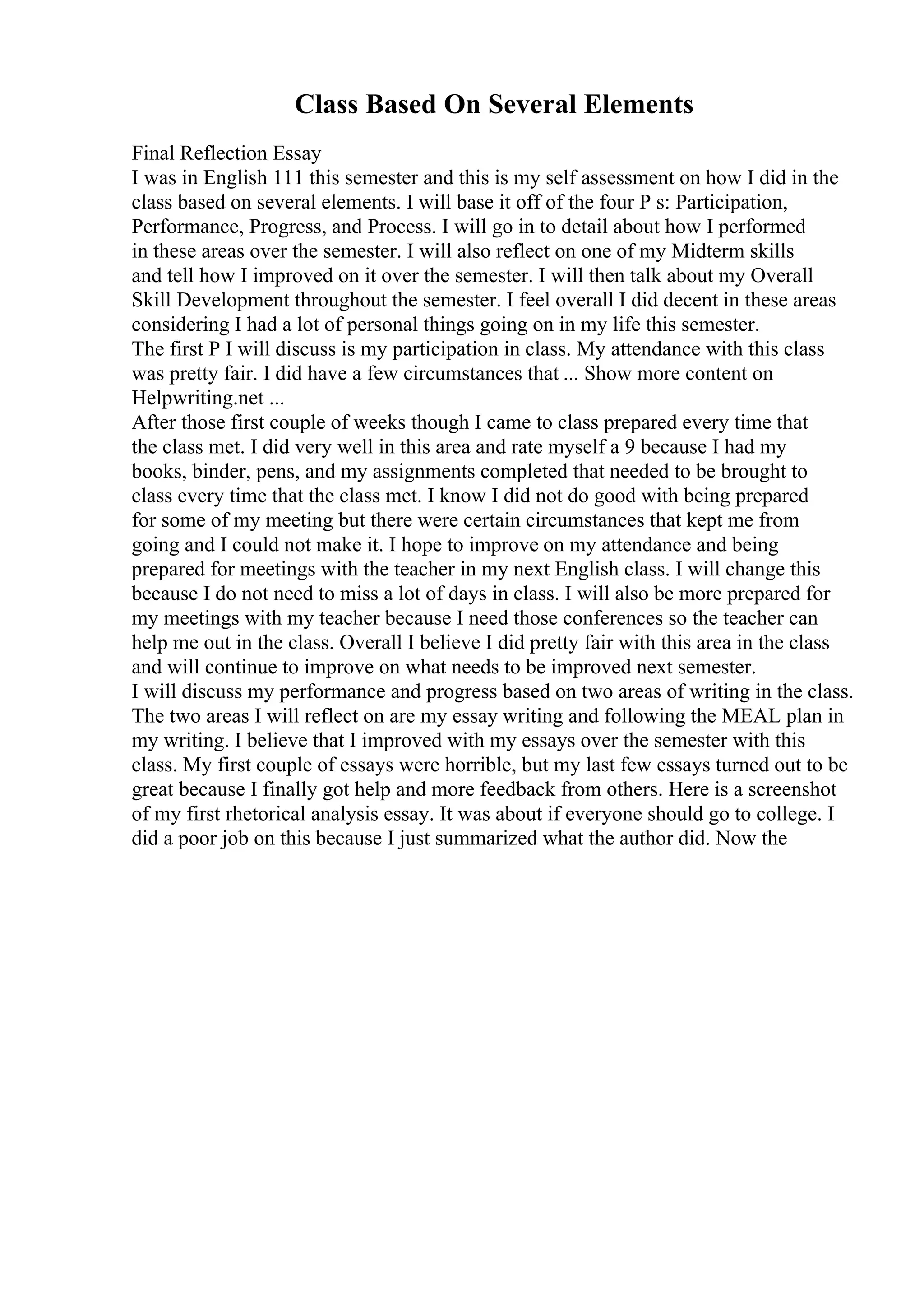 Class Based On Several Elements
Final Reflection Essay
I was in English 111 this semester and this is my self assessment on how I did in the
class based on several elements. I will base it off of the four P s: Participation,
Performance, Progress, and Process. I will go in to detail about how I performed
in these areas over the semester. I will also reflect on one of my Midterm skills
and tell how I improved on it over the semester. I will then talk about my Overall
Skill Development throughout the semester. I feel overall I did decent in these areas
considering I had a lot of personal things going on in my life this semester.
The first P I will discuss is my participation in class. My attendance with this class
was pretty fair. I did have a few circumstances that ... Show more content on
Helpwriting.net ...
After those first couple of weeks though I came to class prepared every time that
the class met. I did very well in this area and rate myself a 9 because I had my
books, binder, pens, and my assignments completed that needed to be brought to
class every time that the class met. I know I did not do good with being prepared
for some of my meeting but there were certain circumstances that kept me from
going and I could not make it. I hope to improve on my attendance and being
prepared for meetings with the teacher in my next English class. I will change this
because I do not need to miss a lot of days in class. I will also be more prepared for
my meetings with my teacher because I need those conferences so the teacher can
help me out in the class. Overall I believe I did pretty fair with this area in the class
and will continue to improve on what needs to be improved next semester.
I will discuss my performance and progress based on two areas of writing in the class.
The two areas I will reflect on are my essay writing and following the MEAL plan in
my writing. I believe that I improved with my essays over the semester with this
class. My first couple of essays were horrible, but my last few essays turned out to be
great because I finally got help and more feedback from others. Here is a screenshot
of my first rhetorical analysis essay. It was about if everyone should go to college. I
did a poor job on this because I just summarized what the author did. Now the
 