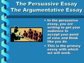 The Persuasive EssayThe Persuasive Essay
The Argumentative EssayThe Argumentative Essay
• In the persuasiveIn the persuasive
essay, you areessay, you are
writing to get yourwriting to get your
audience toaudience to
accept your pointaccept your point
of view and thinkof view and think
like you do.like you do.
• This is the primaryThis is the primary
essay with whichessay with which
we will work.we will work.
 