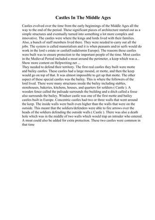 Castles In The Middle Ages
Castles evolved over the time from the early beginnings of the Middle Ages all the
way to the end of the period. These significant pieces of architecture started out as a
simple structures and eventually turned into something a lot more complex and
innovative. The castles were where the kings and lords lived with their families.
Also, a bunch of staff members lived there. They were needed to carry out all the
jobs. The system is called manorialism and it is when peasants and/or serfs would do
work in the lord s estate or castle(Feudalismin Europe). The reasons these castles
were built was to ensure protection to the important people of the time. Most castles
in the Medieval Period included a moat around the perimeter, a keep which was a...
Show more content on Helpwriting.net ...
They needed to defend their territory. The first real castles they built were motte
and bailey castles. These castles had a large mound, or motte, and then the keep
would go on top of that. It was almost impossible to get up that motte. The other
aspect of these special castles was the bailey. This is where the followers of the
lord lived. There were many structures inside the bailey including stables,
storehouses, bakeries, kitchens, houses, and quarters for soldiers ( Castle ). A
wooden fence called the palisade surrounds the building and a ditch called a fosse
also surrounds the bailey. Windsor castle was one of the first motte and bailey
castles built in Europe. Concentric castles had two or three walls that went around
the keep. The inside walls were built even higher than the walls that were on the
outside. This meant that the soldiers/defenders were able to fire arrows over the
heads of the soldiers defending the outside walls ( Castle ). There was also a death
hole which was in the middle of two walls which would trap an intruder who entered.
A moat could also be added for extra protection. These two castles were common in
that time
 